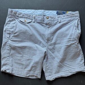 Vintage Ralph Lauren Shorts Mens 36 Blue Striped Flat Stretch Classic Seersucker